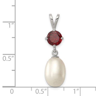 Sterling Silver Rhodium-plated White Teardrop Freshwater Cultured Pearl and 1.00GA Garnet Pendant