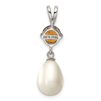 Sterling Silver Rhodium-plated White Teardrop Freshwater Cultured Pearl and .75CI Citrine Pendant