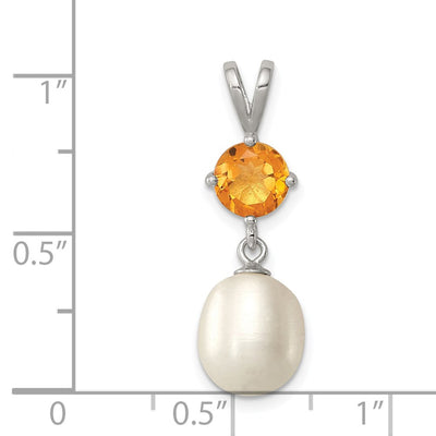 Sterling Silver Rhodium-plated White Teardrop Freshwater Cultured Pearl and .75CI Citrine Pendant