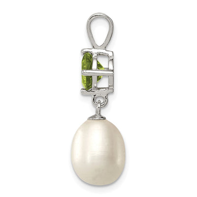 Sterling Silver Rhodium-plated White Teardrop Freshwater Cultured Pearl and .90PE Peridot Pendant