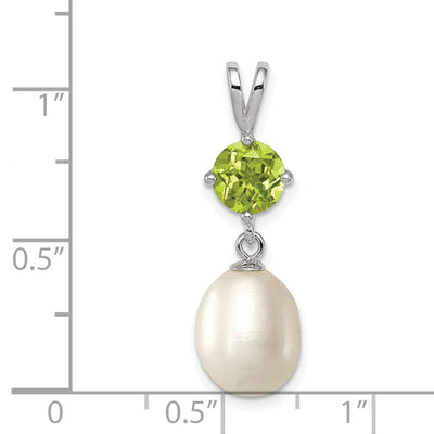 Sterling Silver Rhodium-plated White Teardrop Freshwater Cultured Pearl and .90PE Peridot Pendant