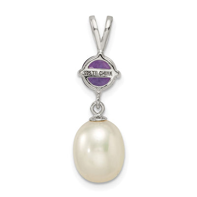 Sterling Silver Rhodium-plated White Teardrop Freshwater Cultured Pearl and .75AM Amethyst Pendant