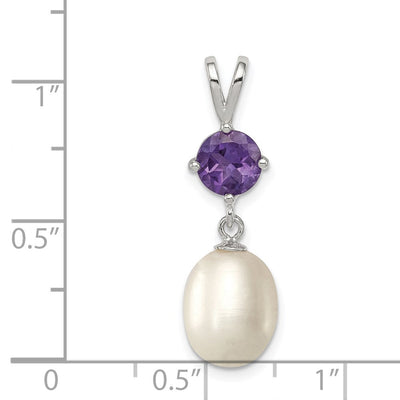 Sterling Silver Rhodium-plated White Teardrop Freshwater Cultured Pearl and .75AM Amethyst Pendant