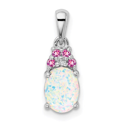 Sterling Silver Rhod-plate Dia. Cr.Pink Sapp. Simulated Opal Pendant