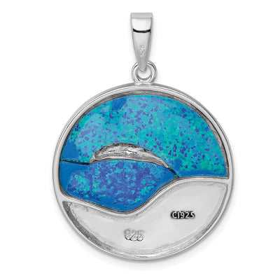Sterling Silver Rhodium-plated Blue Created Opal Dolphins Pendant, 35.9 x 26.6mm