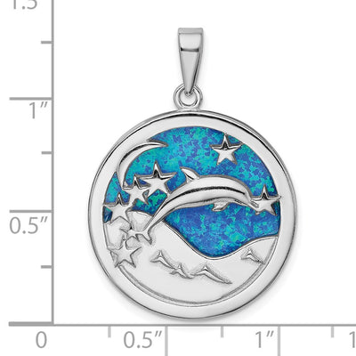 Sterling Silver Rhodium-plated Blue Created Opal Dolphins Pendant, 35.9 x 26.6mm