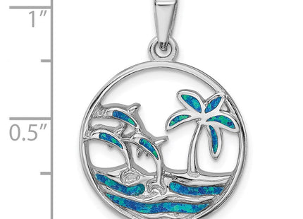 Sterling Silver Rhodium-plated Blue Created Opal Dolphins Pendant