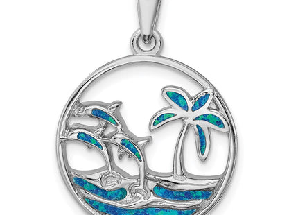 Sterling Silver Rhodium-plated Blue Created Opal Dolphins Pendant