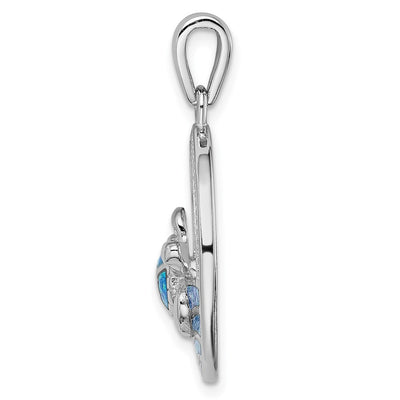 Sterling Silver Rhodium-plated Polished Blue Inlay Created Opal Turtle Pendant, 32.9 x 22.3mm