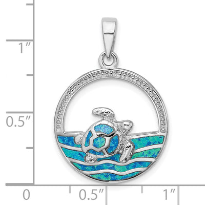 Sterling Silver Rhodium-plated Polished Blue Inlay Created Opal Turtle Pendant, 32.9 x 22.3mm