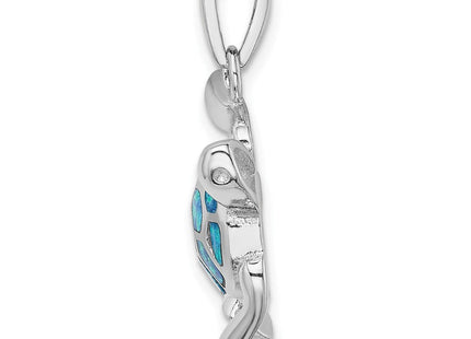 Sterling Silver Rhodium-plated Polished Blue Inlay Created Opal Turtle Pendant (Style QP4873)