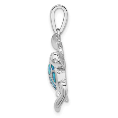 Sterling Silver Rhodium-plated Polished Blue Inlay Created Opal Turtle Pendant, 30.1 x 25.2mm