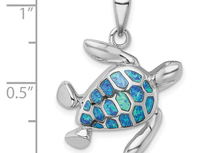 Sterling Silver Rhodium-plated Polished Blue Inlay Created Opal Turtle Pendant (Style QP4873)