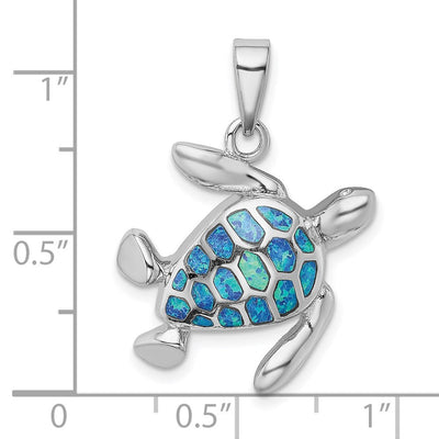Sterling Silver Rhodium-plated Polished Blue Inlay Created Opal Turtle Pendant, 30.1 x 25.2mm