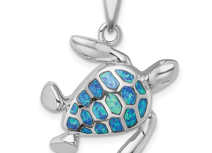 Sterling Silver Rhodium-plated Polished Blue Inlay Created Opal Turtle Pendant (Style QP4873)