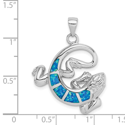 Sterling Silver Rhodium-plated Polished Created Blue Opal Gecko Pendant