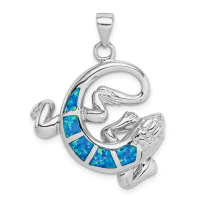 Sterling Silver Rhodium-plated Polished Created Blue Opal Gecko Pendant