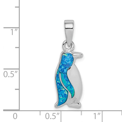 Sterling Silver Rhodium-plated Polished Created Opal Inlay Penguin Pendant