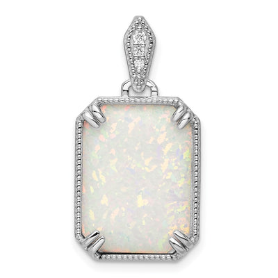 Sterling Silver RH-plated White Created Opal & CZ Beaded Border Pendant