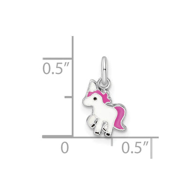 Sterling Silver Rhodium-plated Pink, White & Black Enameled Unicorn Children's Pendant