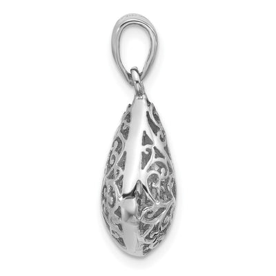 Sterling Silver Rhodium-Plated Polished Puffed Filigree Teardrop Pendant, 26 x 12.2mm