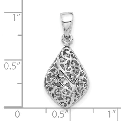 Sterling Silver Rhodium-Plated Polished Puffed Filigree Teardrop Pendant, 26 x 12.2mm