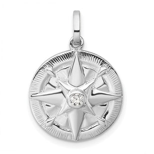 Sterling Silver Rhodium-plated Polished CZ Compass Pendant (Style QP5799)