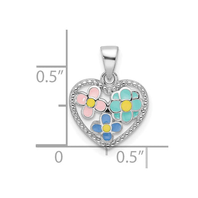 Sterling Silver Rhodium-plated Polished & Beaded Multi-color Enameled Floral Heart Children's Pendant