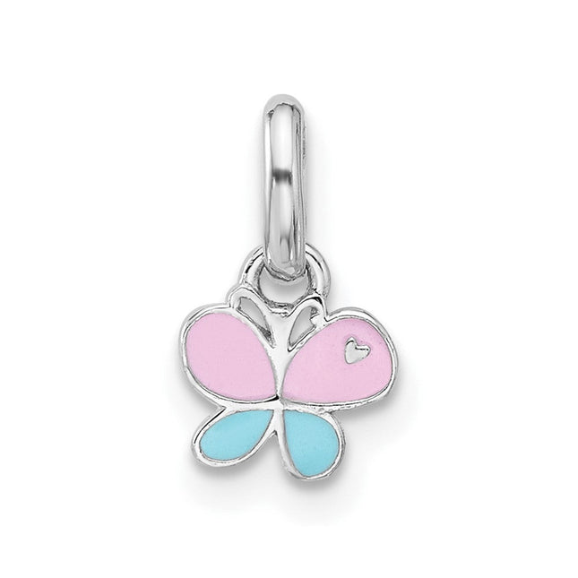 Sterling Silver Rhodium-plated Children's Small Enamel Butterfly Pendant, 7.44 x 6.35mm