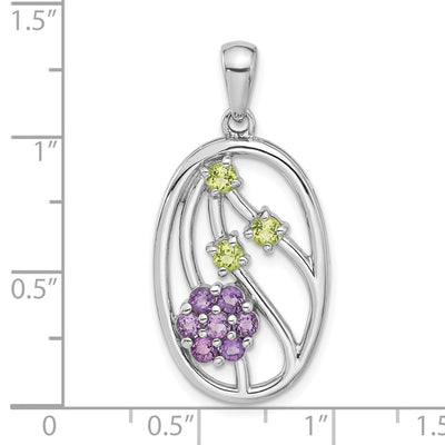 Sterling Silver Rhodium-plated Amethyst and Peridot Flower Pendant
