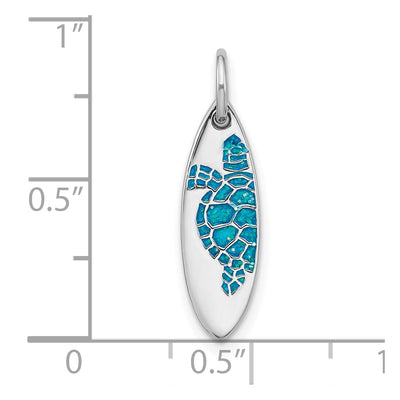 Sterling Silver Rhodium-plated Polished Blue Enamel Turtle Surfboard Pendant, 23 x 6.5mm