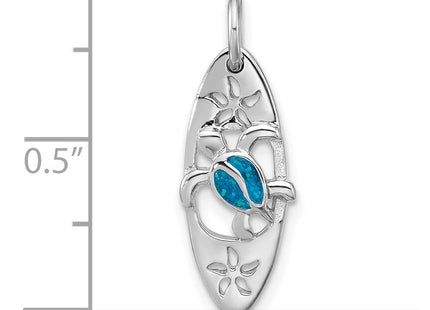 Sterling Silver Rhodium-plated Polished Blue Enamel Turtle Surfboard Pendant (Style QP5907)