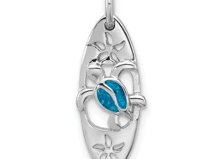 Sterling Silver Rhodium-plated Polished Blue Enamel Turtle Surfboard Pendant (Style QP5907)