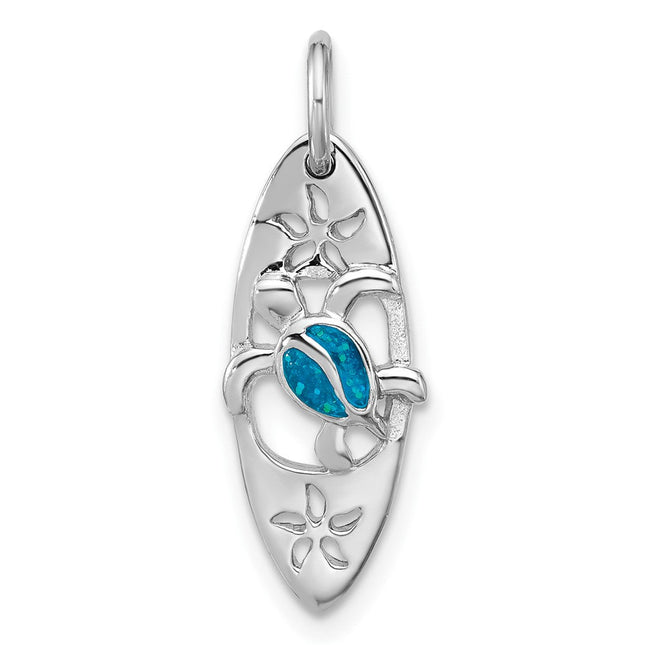 Sterling Silver Rhodium-plated Polished Blue Enamel Turtle Surfboard Pendant, 24 x 8.3mm