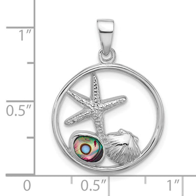 Sterling Silver Rhodium-plated Polished Paua Shell Starfish and Shell Pendant
