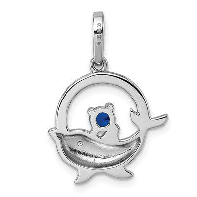 Sterling Silver Rhodium-plated Round Blue and White CZ Dolphin in Circle Pendant