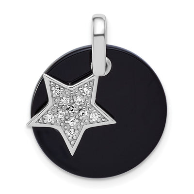 Sterling Silver Rhodium-plated Polished Onyx Circle with CZ Star Dangle Pendant