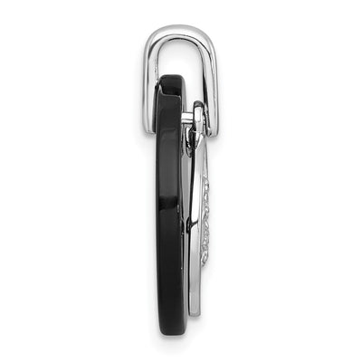 Sterling Silver Rhodium-plated Polished Onyx Circle and CZ Leaf Dangle Pendant