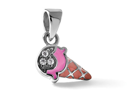 Sterling Silver Rhodium-plated Children's Pink and Brown Enamel with CZ Ice Cream Cone Pendant