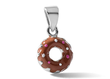 Sterling Silver Rhodium-plated Children's Brown with Pink and White Enamel Sprinkled Donut Pendant