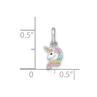 Sterling Silver Rhodium-plated Polished White and Rainbow Enamel Unicorn Head Childrens Pendant