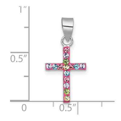 Sterling Silver Rhodium-plated Polished Pink/Blue/Green/Purple Crystal Childrens Cross Pendant