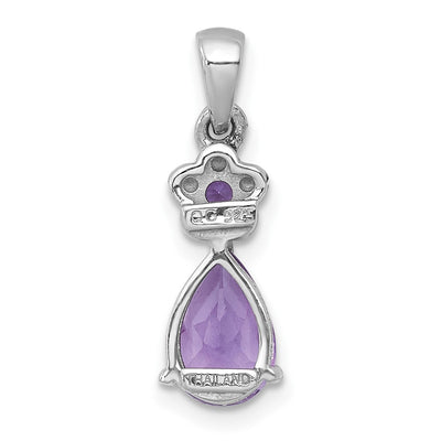 Sterling Silver Rhodium-plated Polished Amethyst Teardrop and Flower Pendant