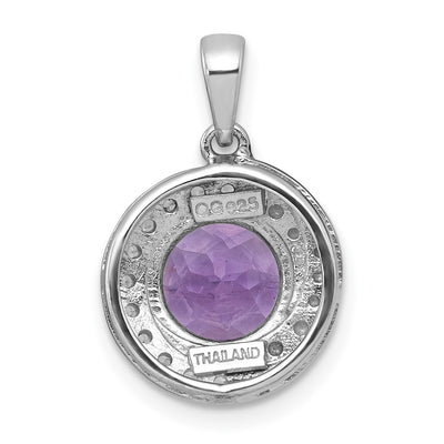 Sterling Silver Rhodium-plated Polished Checker-cut Round Amethyst and White Topaz Circle Pendant