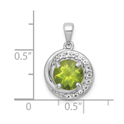 Sterling Silver Rhodium-plated Polished Checker-cut Round Peridot and White Topaz Circle Pendant