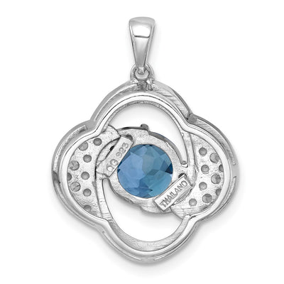 Sterling Silver Rhodium-plated Polished Checker-cut Round Light Swiss Blue Topaz and White Topaz Pendant