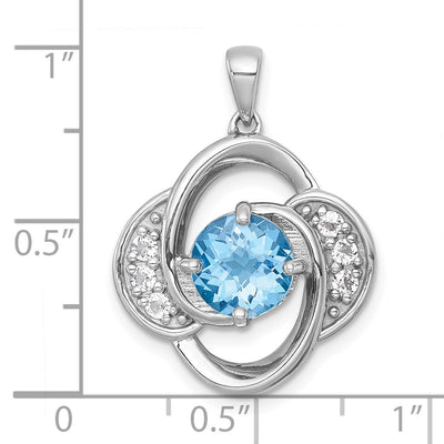 Sterling Silver Rhodium-plated Polished Checker-cut Round Light Swiss Blue Topaz and White Topaz Pendant