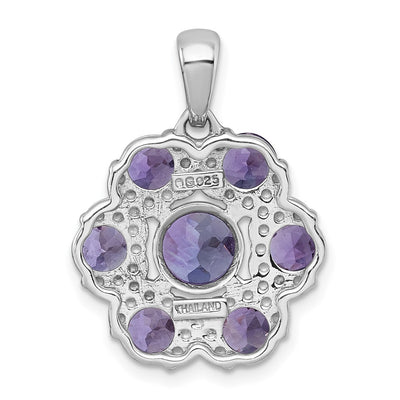 Sterling Silver Rhodium-plated Polished Amethyst and Rose de France Quartz Flower Pendant