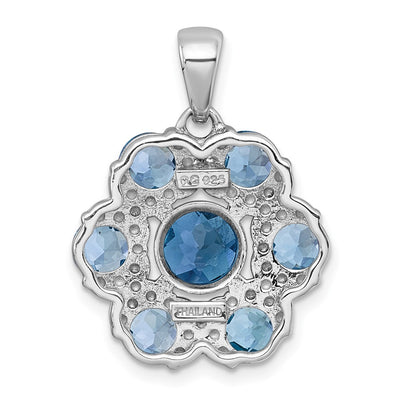 Sterling Silver Rhodium-plated Polished London Blue Topaz and Light Swiss Blue Topaz Flower Pendant