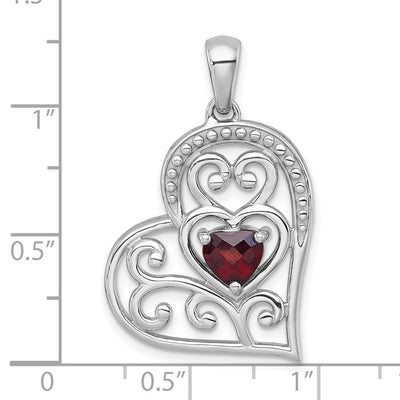Sterling Silver Rhodium-plated Polished and Beaded Garnet Filigree Heart Pendant